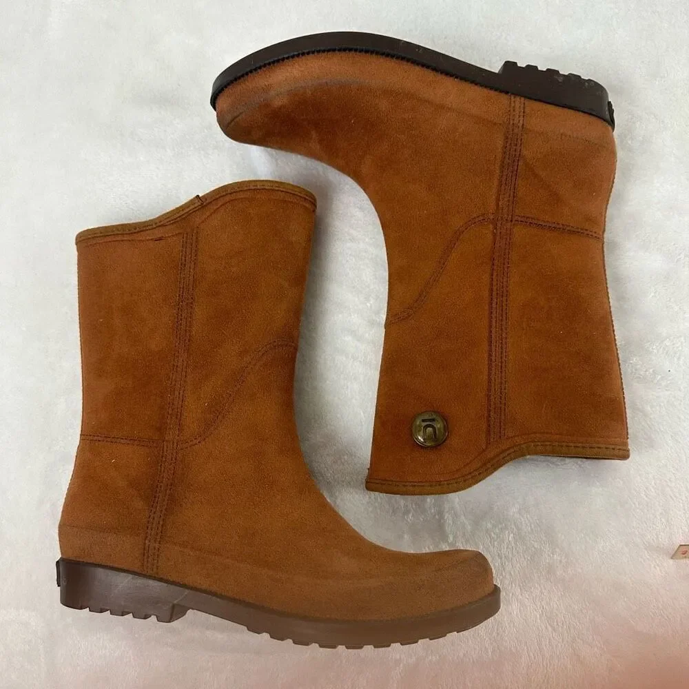Ulan Women's 8 Fabric Touch Rain Boots Brown Mid Calf‎ Chunky Lug Sole Outdoor